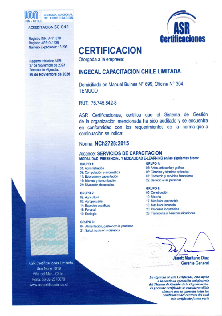 Ingecal Capacitación Chile - Certificación NCh 2728